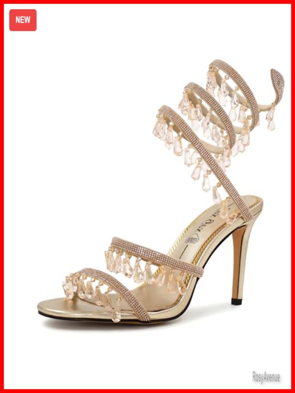 Rhinestone Ankle Wrap Stiletto Sandals Faux Leather Open Toe Heels